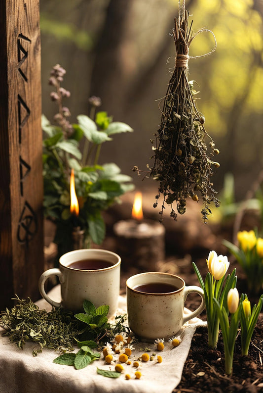 Imbolc spring awakening with flowers and natural wellness herbs