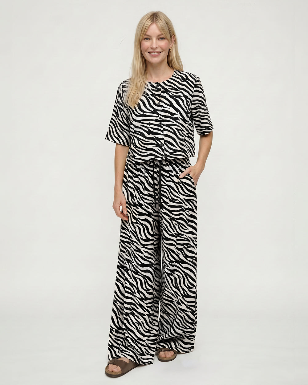 Thi Cream Tiger Stripe Print Wide Leg Trouser