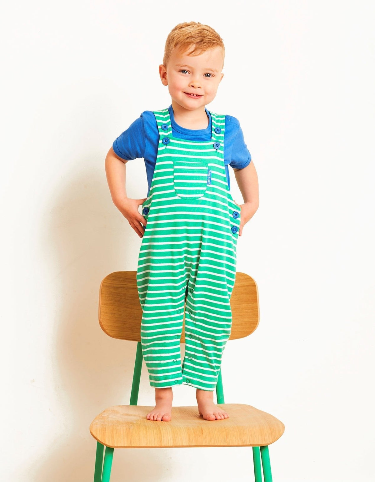 Organic Green Breton Stripe Dungarees