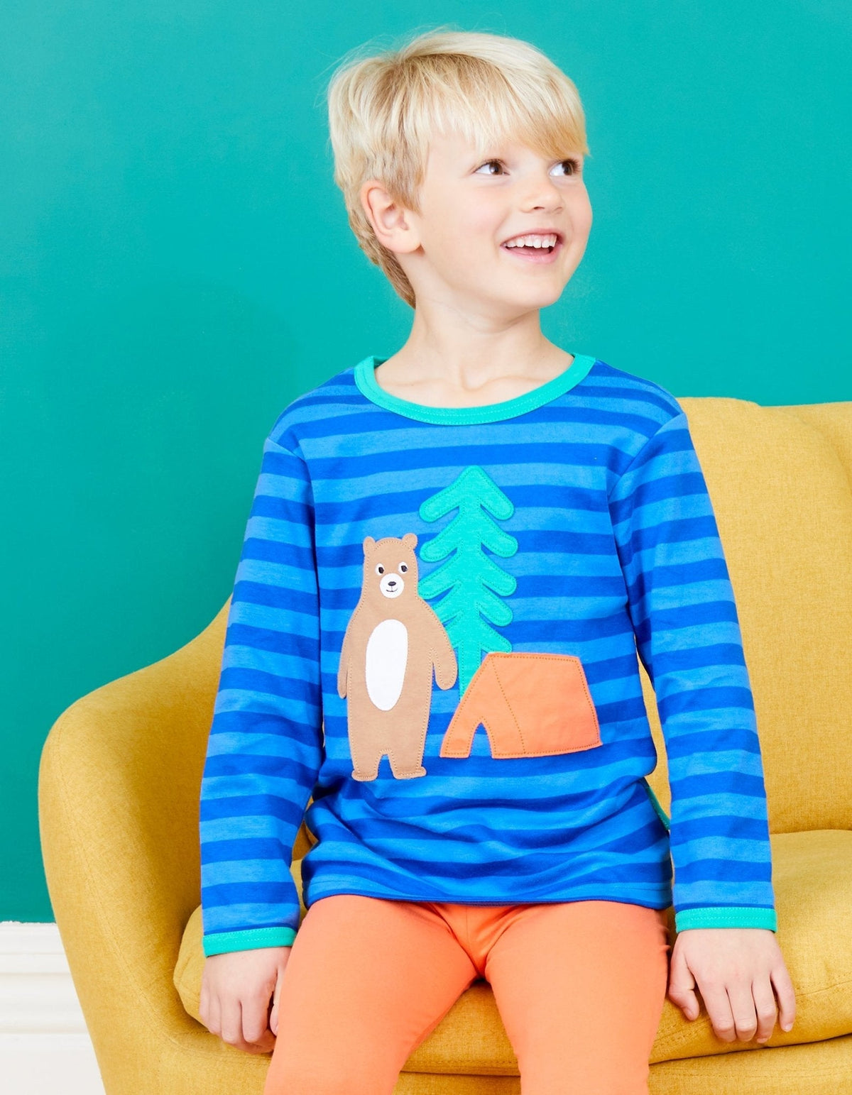 Organic Camping Bear Applique Long-Sleeved T-Shirt