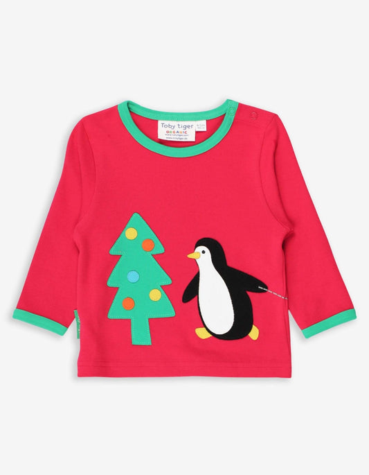 Organic Penguins' Christmas Applique Long-Sleeved T-Shirt